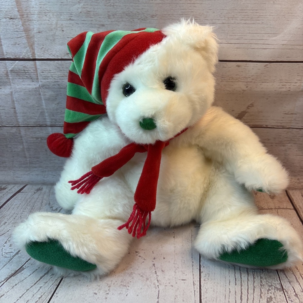 Ty Classic White Teddy Bear MERRY Plush Red Green Stuffed Animal Christmas 2004
